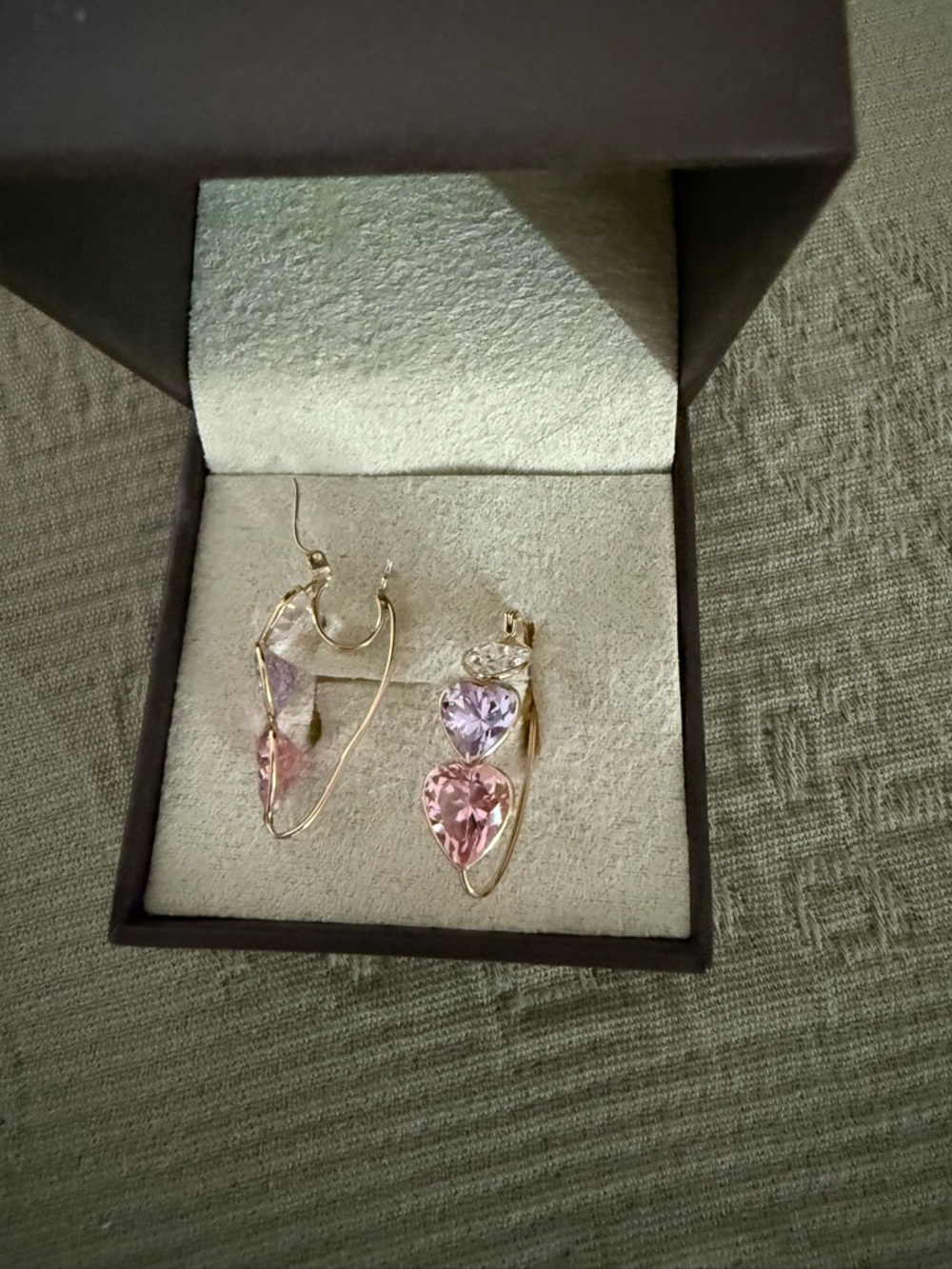14kt Gold Heart Drop Earrings with Pink and Lavender Stones - Picture 3 of 4